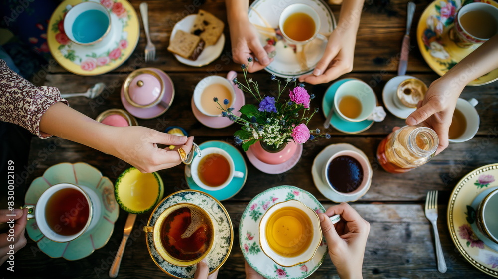 Friends hosting a whimsical tea party with mismatched cups and saucers