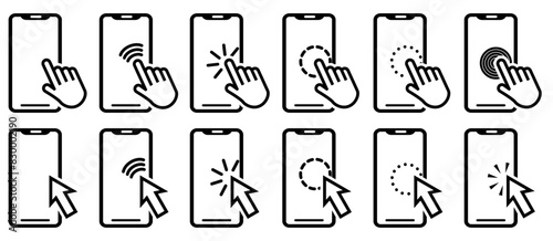 Smartphone with cursor click on screen. Click hand and arrow cursor in phone icons