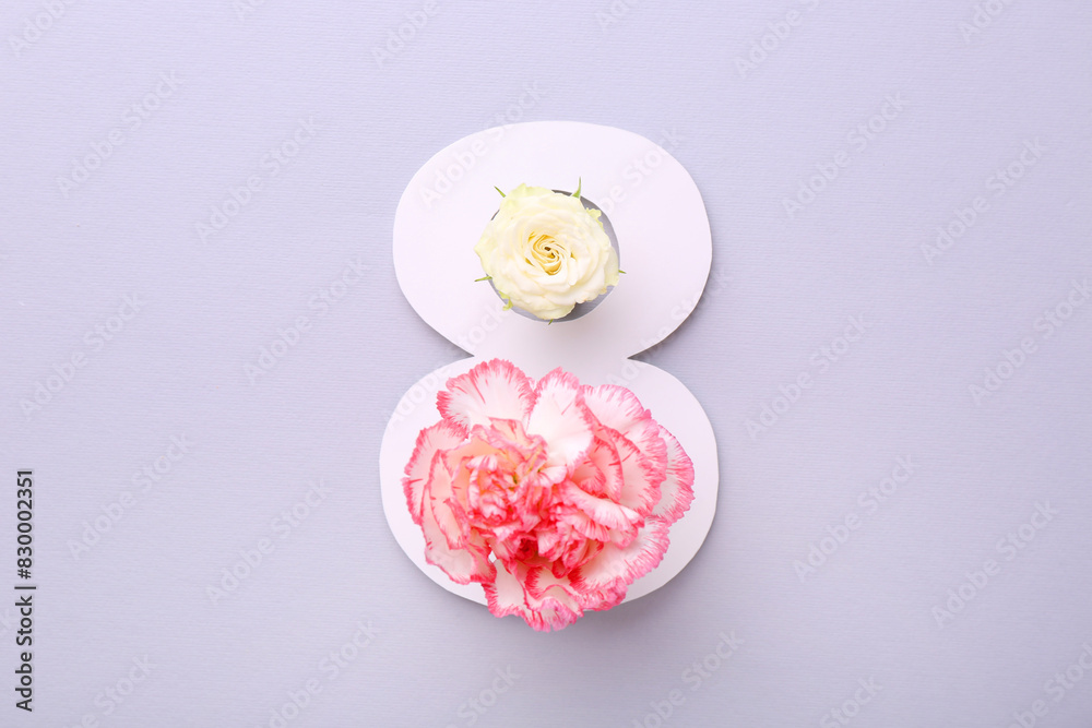 Paper number 8 and beautiful flowers on light grey background, top view