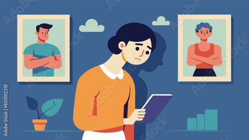 When looking at old photos he could only see his smaller less muscular self unable to recognize his own progress and improvement.. Vector illustration