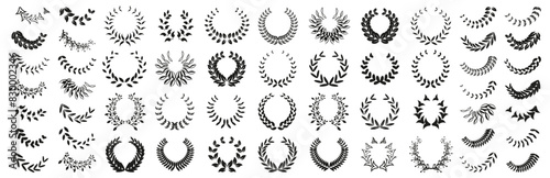 Laurel wreath collection. Set of black wreaths and branches. Laurels wreaths, swirls, twigs collection. Award, success, champion wreath icon collection