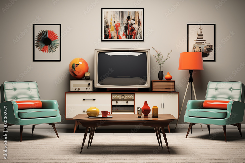 Illustrate a 1950s living room with mid-century modern furniture and a black-and-white TV Illustrate a 1950s living room with mid-century modern furniture and a black-and-white TV