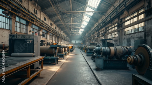 Industrial interior with rows of machines and equipment in a manufacturing workshop