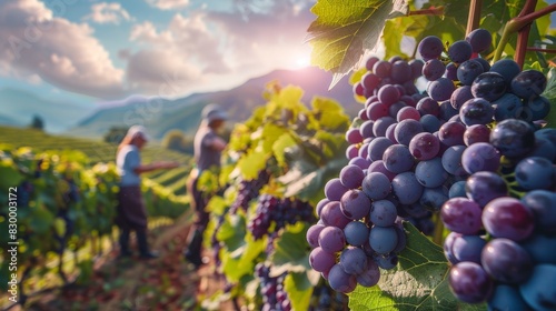 Vineyard Harvest, Close-up of ripe grapes with blurred workers, Wine Production
