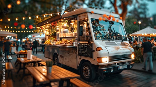 Vibrant food truck with yellow and blue colors illuminated by string lights at a lively city festival in the evening