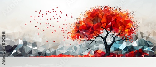 Tree with geometric red leaf patterns, modern art style, bright colors, artistic arrangement 8K , high-resolution, ultra HD,up32K HD photo