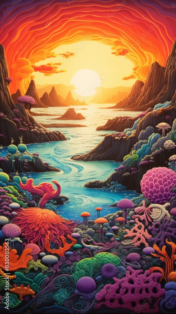 Fototapeta premium Plasticine art, An otherworldly beach with kaleidoscopic selkies basking under a vivid sunset