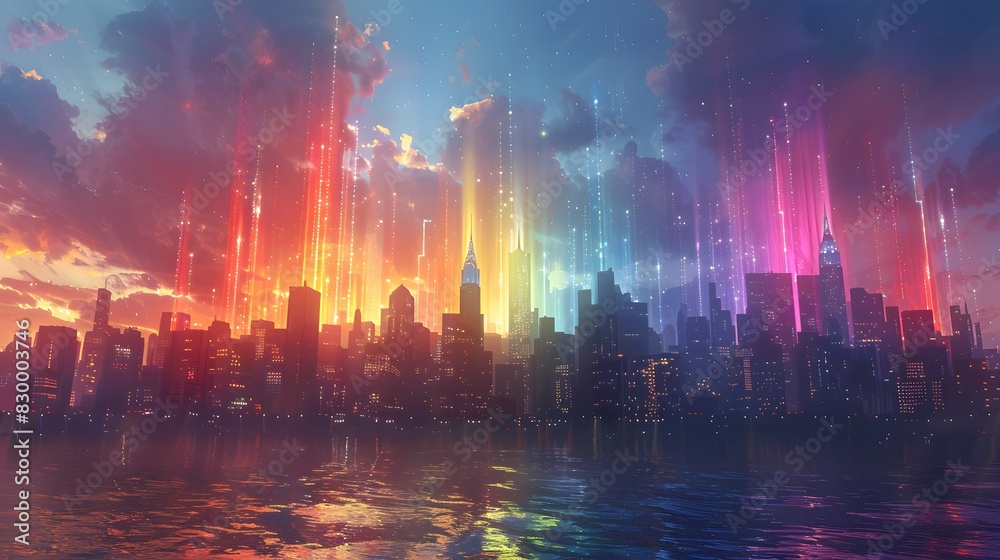 A cityscape with buildings adorned in rainbow lights and banners celebrating LGBTQ+ Pride Month List of Art Media illustration