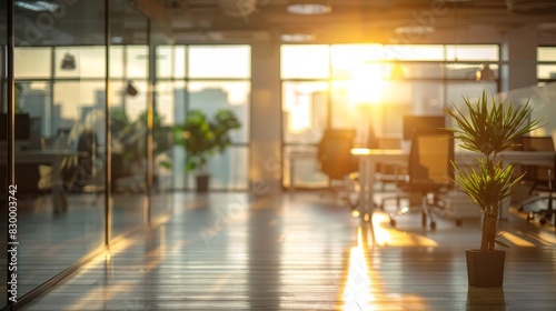 Bright Office Morning, Sunlit room with plants, Inviting Workspace