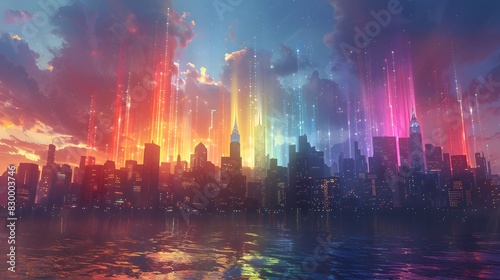 A cityscape with buildings adorned in rainbow lights and banners celebrating LGBTQ+ Pride Month List of Art Media illustration