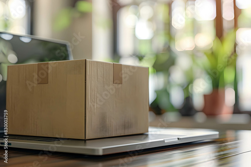 Cardboard box and laptop, representing e-commerce transactions, buying and selling products online, trends and popularity in online shopping © Slowlifetrader