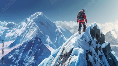 mountain climber reaching the summit of a snowy peak photo