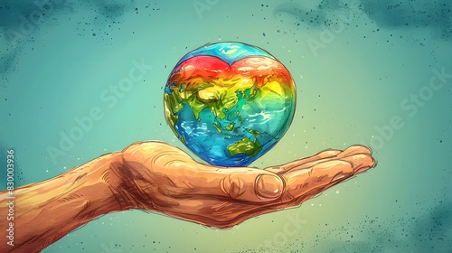 A hand holding a small rainbow heart with the earth in the background, symbolizing global love and acceptance for LGBTQ+ Pride Month List of Art Media vector illustration