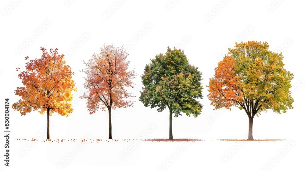 Collection of isolated trees in beautiful autumnal colors on a white background