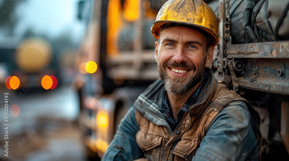 A smiling construction worker wearing a hard hat and reflective jacket stands confidently at a construction site with heavy machinery. A smiling construction worker wearing a hard hat and reflective jacket stands confidently at a construction site with heavy machinery.