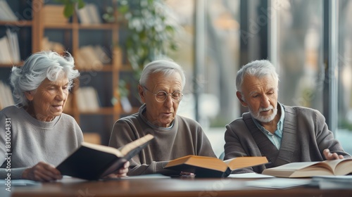 Group of Senior Friends Socializing and Reading Books Together in a Cozy Setting