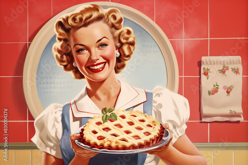 a vintage 1950s kitchen advertisement with a cheerful housewife holding a pie
