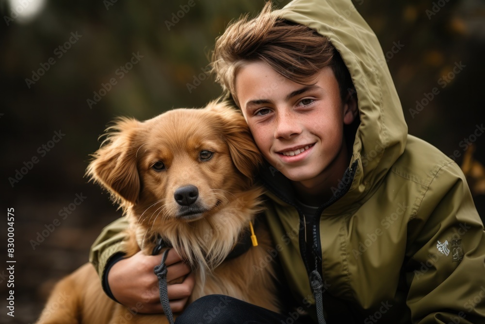 Teenager in a green jacket holding a brown dog