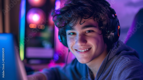 Portrait of a smiling young man in his early twenties, intently playing as a gamer in a home setting. Seated in front of a laptop, he wears gaming headphones with a microphone