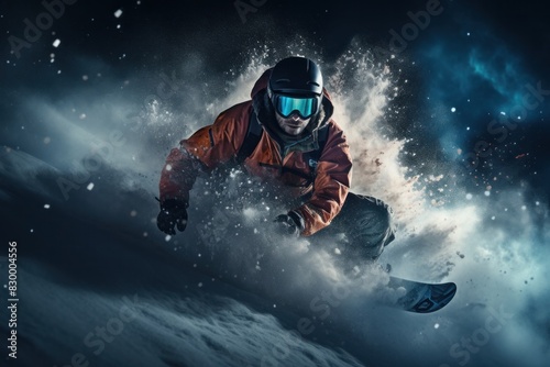 Teenager in orange jacket confidently snowboarding, executing a trick on the snow © Nino Lavrenkova