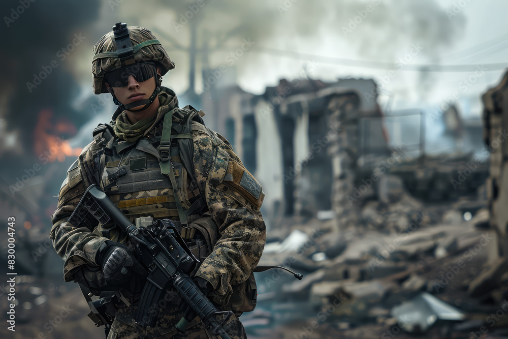 soldier in full battle gear, standing resolutely against a war-torn backdrop soldier in full battle gear, standing resolutely against a war-torn backdrop
