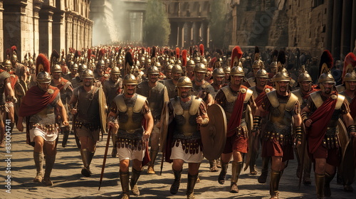 Roman legion marching triumphantly through the ancient streets of Rome photo