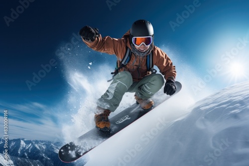 A man fearlessly snowboarding down the side of a snow-covered slope