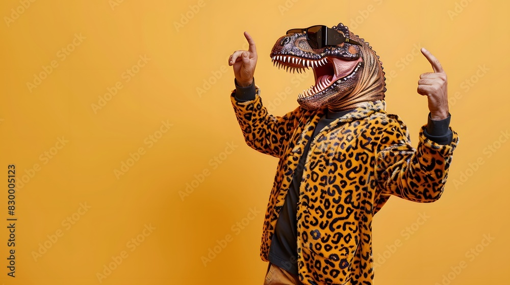 Fototapeta premium Man in a dinosaur mask with sunglasses, wearing a leopard print jacket, gesturing enthusiastically on a yellow backdrop