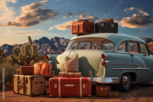 a 1950s family road trip scene with a vintage station wagon packed with luggage photo