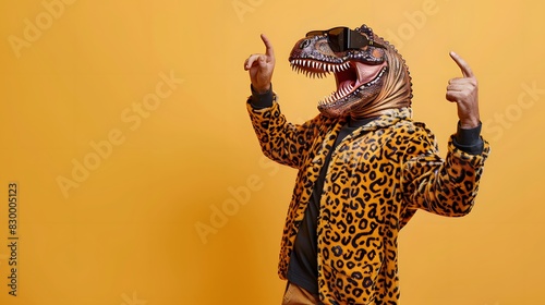 Fototapeta Naklejka Na Ścianę i Meble -  Man in a dinosaur mask with sunglasses, wearing a leopard print jacket, gesturing enthusiastically on a yellow backdrop