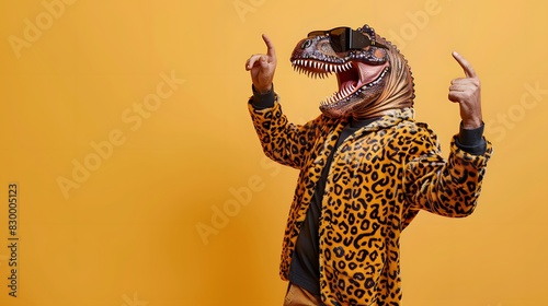 Man in a dinosaur mask with sunglasses, wearing a leopard print jacket, gesturing enthusiastically on a yellow backdrop