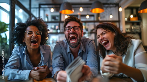 Group of coworkers shares a hearty laugh while gathered in a well-lit office space. Their expressions show joy and camaraderie, highlighting a moment of fun at work photo