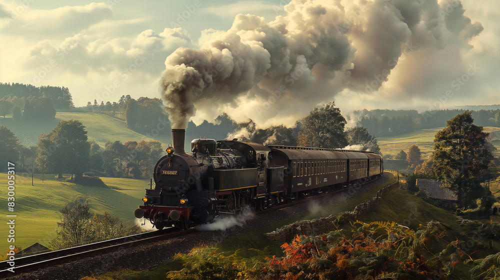 Victorian era steam locomotive chugging through a scenic countryside
