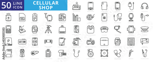 Cellular shop icon set with smartphones, phone cases, screen protectors, chargers, headphones and speakers.