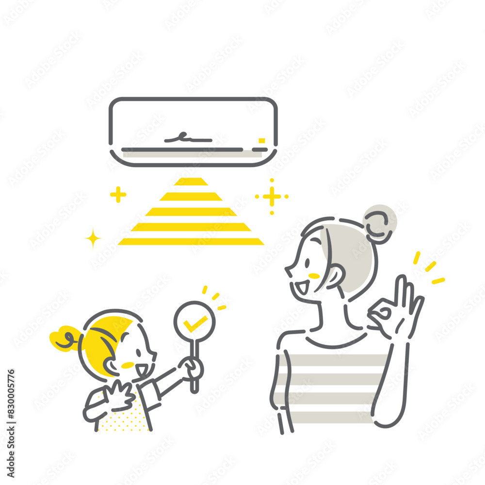 エアコンの状態に満足なお母さんと娘　シンプルでお洒落な線画イラスト