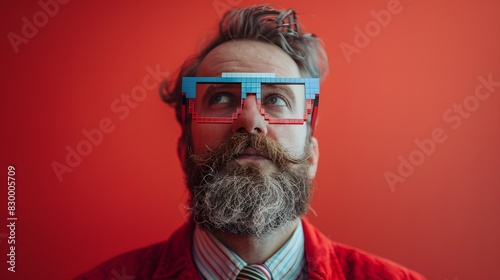 Serious young man portrait with pixelated glasses and a quirky mustache in a red jacket, blue background