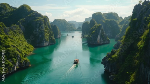 Panoramic shot of Halong Bay showcasing its iconic limestone karsts rising from the emerald waters