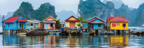 One of Halong Bay floating fishing villages, with colorful houses on stilts and traditional fishing boats photo