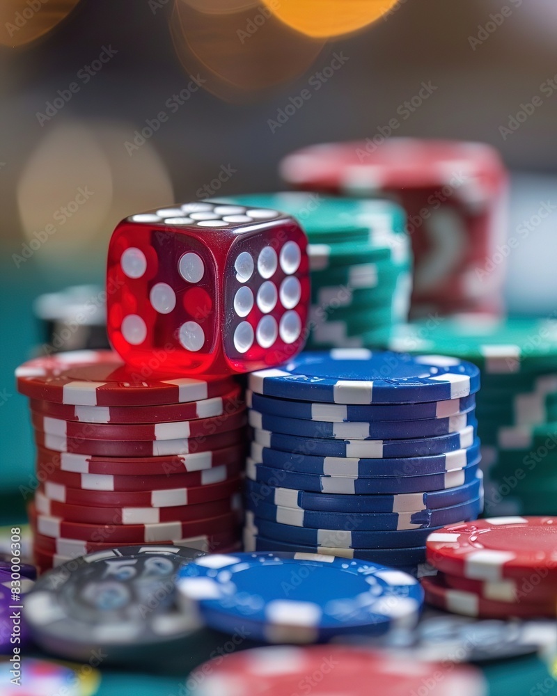 A single red dice rests atop a stack of poker chips, representing chance and strategy in A single red dice rests atop a stack of poker chips, representing chance and strategy in