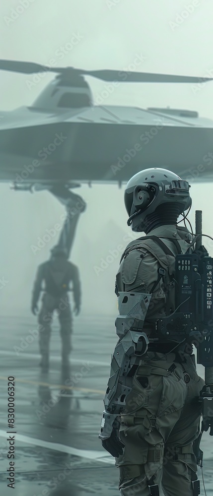 Fototapeta premium A soldier in futuristic gear stands before a hovering aircraft, looking towards another figure in the distance.