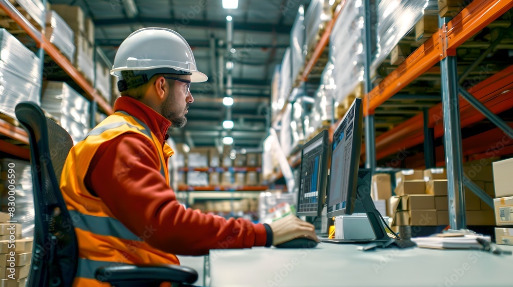 Warehouse worker using computer in storage facility. Man in reflective vest and helmet monitors inventory on computer. Industrial and logistic management setting. AI Warehouse worker using computer in storage facility. Man in reflective vest and helmet monitors inventory on computer. Industrial and logistic management setting. AI