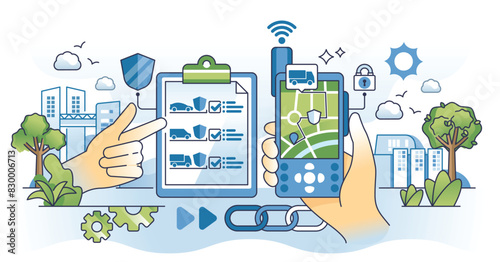 Fleet safety solutions with vehicles monitoring system outline hands concept. Efficient cargo tracking app with GPS location services, insurance check and information about driver vector illustration