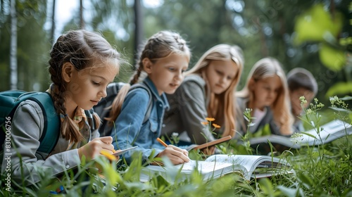 Group of children studying plants and taking notes during an engaging outdoor biology class