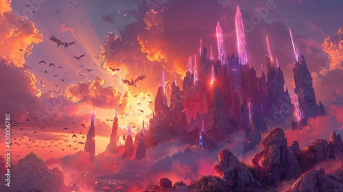 A photo of a fantasy castle with crystal towers  a sunset sky with dragon silhouettes and magical auras in the background