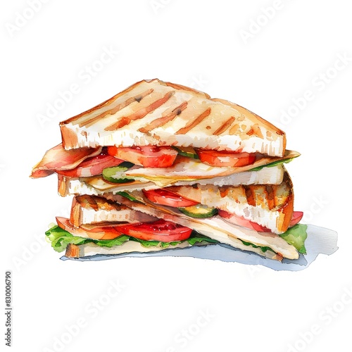 Watercolor of Appetizing Turkey Club Sandwich on White Background