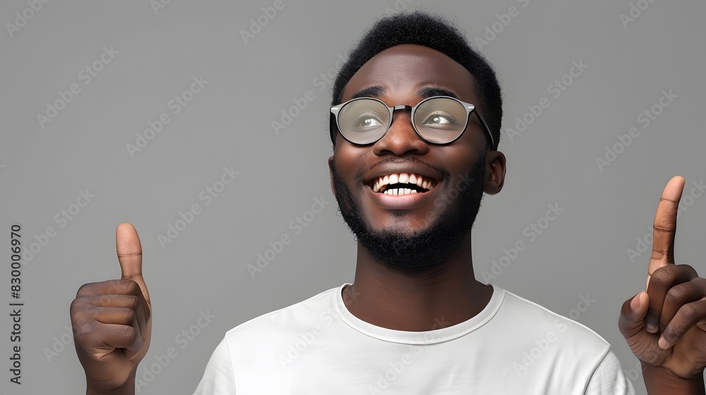 Cheerful young African man in glasses, pointing up with both index fingers, wearing casual white shirt, studio shot on grey background Cheerful young African man in glasses, pointing up with both index fingers, wearing casual white shirt, studio shot on grey background