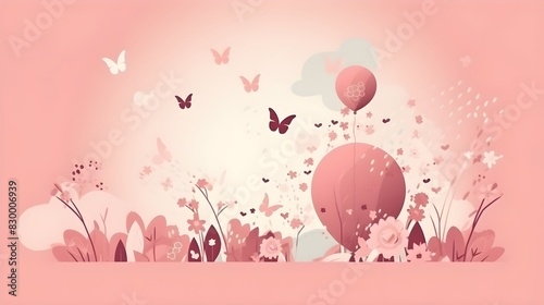 Whimsical Pink Floral Landscape with Butterflies in Soft Pastel Colors, Featuring Delicate Flowers and Balloons in a Dreamy Garden Scene