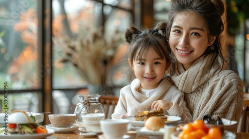 A smiling mother and daughter enjoying a breakfast together in a cozy  warmly lit restaurant  sharing a joyful moment. Smiling Mother and Daughter Enjoying Breakfast