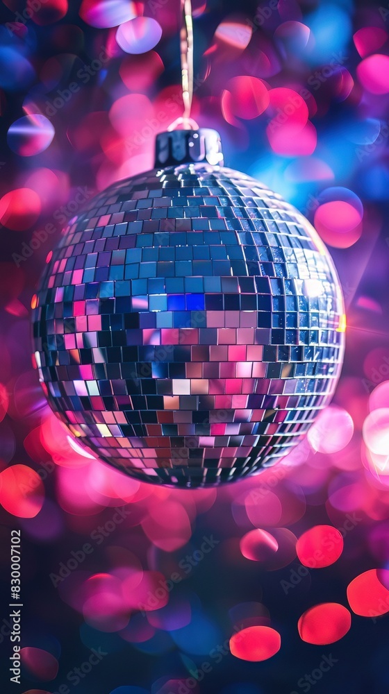 Obraz premium Closeup of a New Years Eve disco ball, capturing the reflective light and dance atmosphere, suitable for party environment