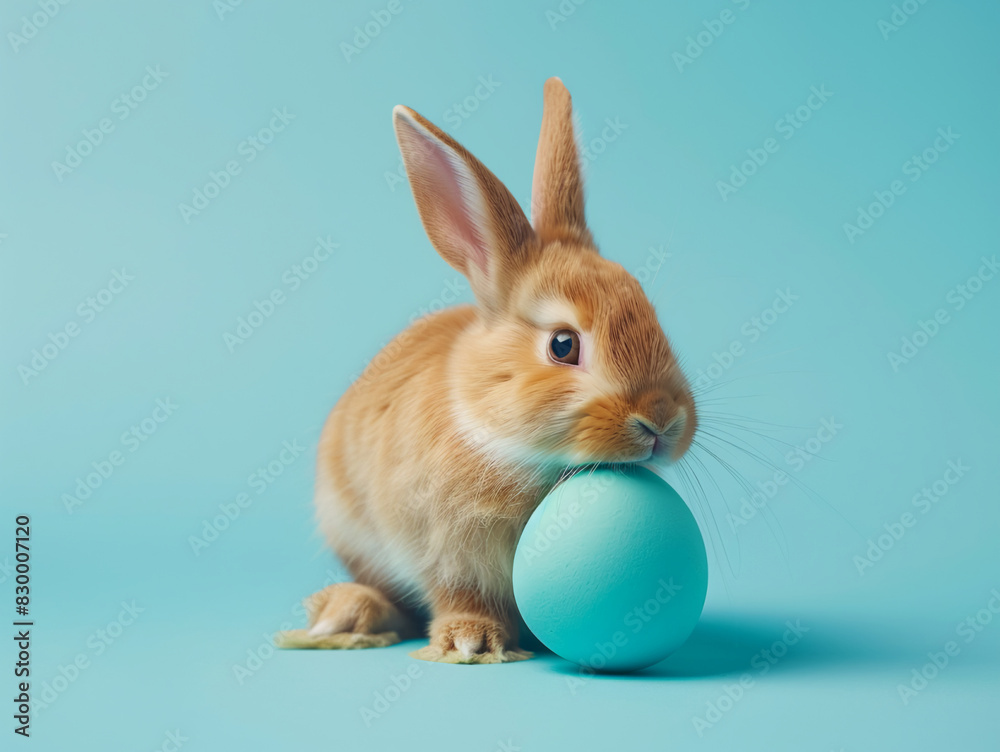 Fototapeta premium Rabbit and blue egg on a lush green background, close-up